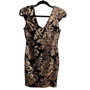 NWT Guess Los Angeles 2 Black Velvet & Gold Sequin Floral Bodycon Dress